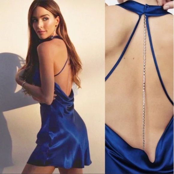 Zara Dresses & Skirts - Zara Jewel Chain Satin Halter Dress Blue